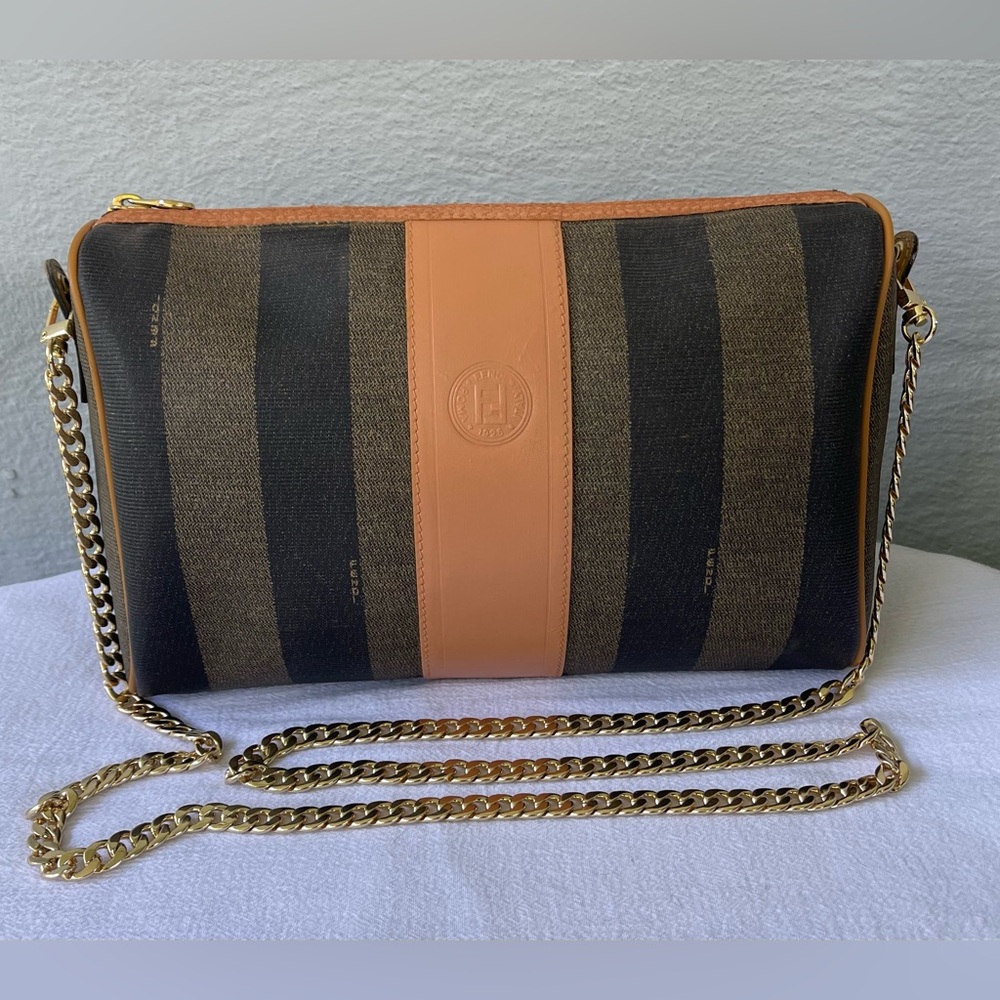 Vintage Fendi SAS Black Tobacco Pequin Stripe PVC Vinyl Crossbody Chain Bag